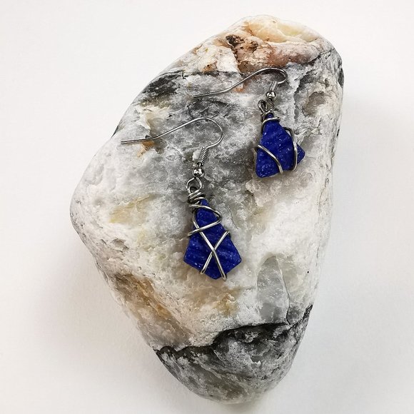 Silver Wire Wrapped Blue Tile Asymmetric Earrings - Picture 4 of 9